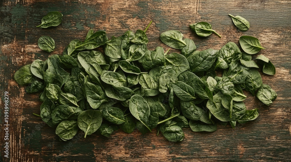 Poster fresh spinach leaves spread on a rustic wooden surface creating an appealing and healthy food backgr
