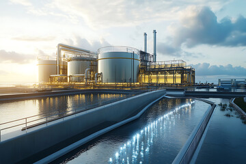 Obraz premium A high-tech desalination plant located by the ocean, featuring transparent pipelines and storage tanks, representing advanced and sustainable water technology. 