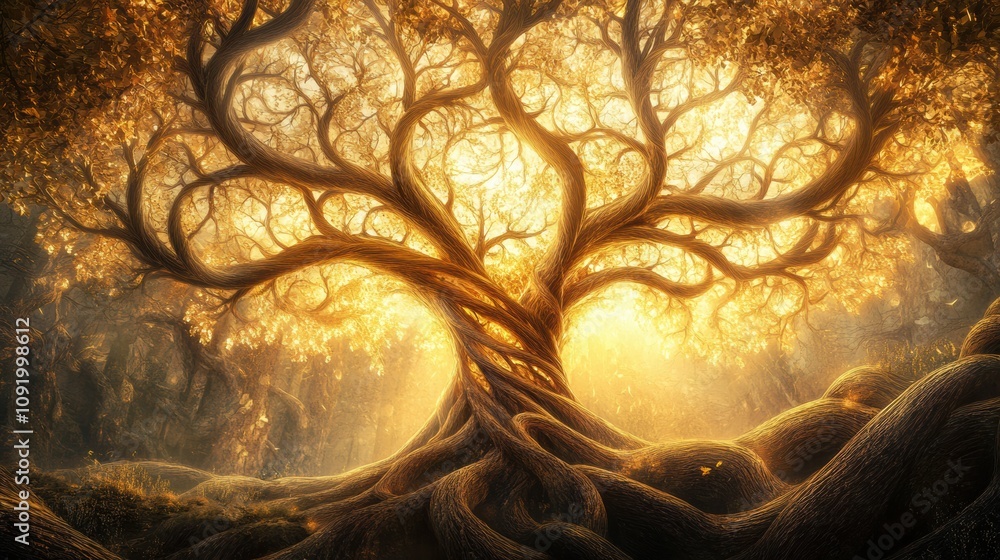 Poster the beautiful tree of life displays complex branches and roots glowing in golden light, representing