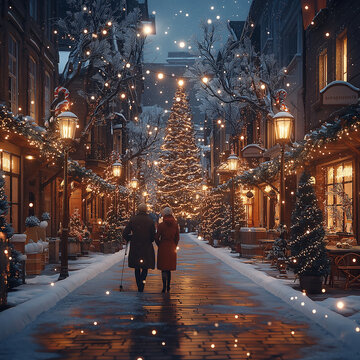 寄り添って歩くカップルと煌めくクリスマスツリー、温かなガス灯が灯る石畳の商店街、雪積もる街路樹に輝くイルミネーションと静かな夜の賑わい、古都の冬の情景が織りなす愛しい人との思い出の瞬間