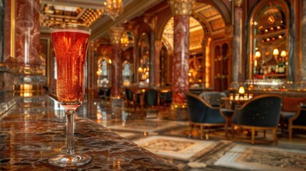 Fototapeta premium Sparkling red cocktail on marble bar in opulent lounge.