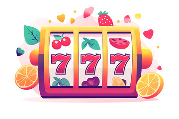 Obraz premium A colorful slot machine displaying fruit symbols and lucky sevens, symbolizing gambling fun.