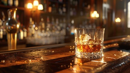Whiskey glass with ice on bar counter.
