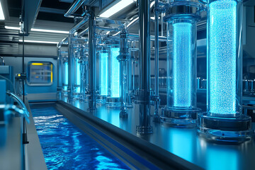 Obraz premium A futuristic water purification system with glowing blue filters and transparent pipes, representing advanced aqua technology for clean water solutions. 