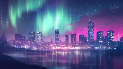 Aurora borealis over a city skyline, with the lights contrasting against the urban landscape and night lights. Celestial Aurora Borealis. Illustration