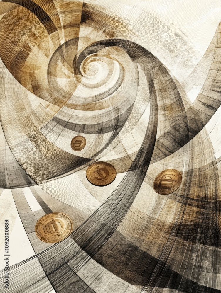 Poster falling coins and price tags create an abstract visual, showcasing movement and flow through swirlin