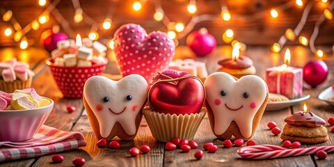 Obraz premium Candid Moments of Valentine's Tooth Celebration: Sweet Treats and Joyful Smiles in a Cozy Romantic Setting with Heart-Shaped Confectioneries and Colorful Decorations