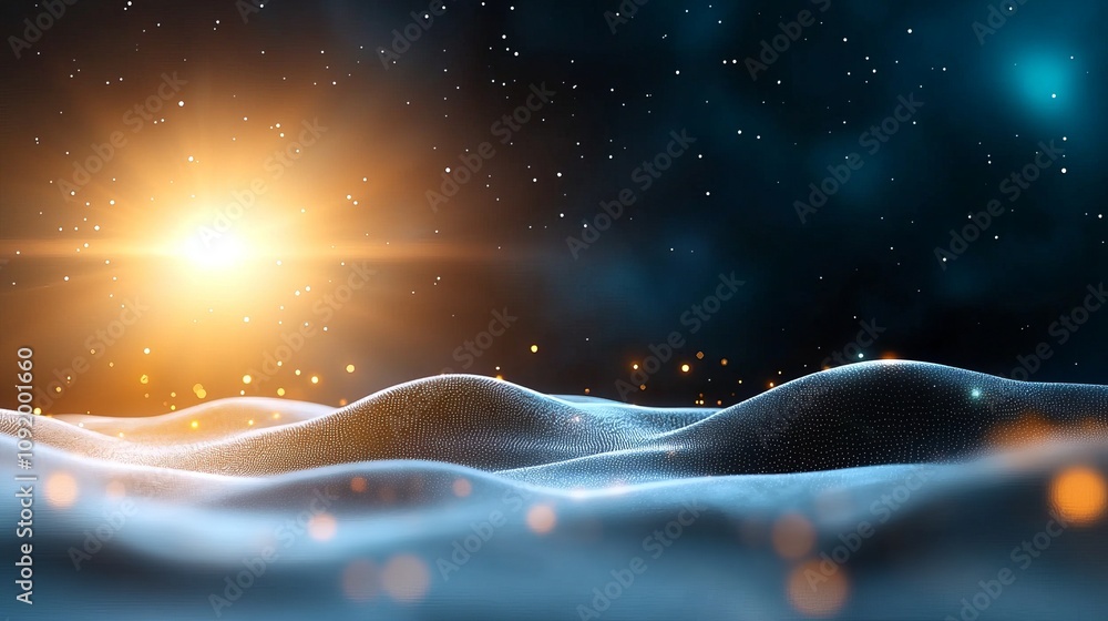 Poster exploring the mystical landscape of luminous nodes in cybernetic blockchain architecture futuristic 
