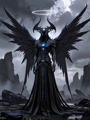 Fototapeta premium Gothic Winged Alien with Iridescent Skin in a Hauntingly Desolate Landscape