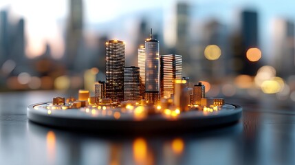 Digital blockchain cityscape glowing nodes as buildings urban environment 3d model showcase futuristic viewpoint innovative concept