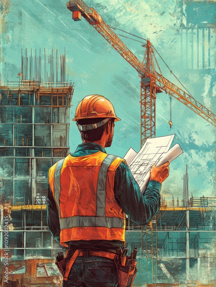 Aufkleber an engineer stands on a construction site, carefully examining blueprints while surrounded by cranes