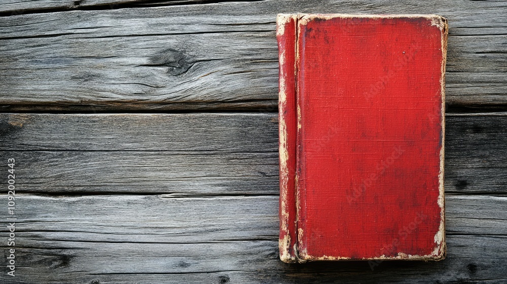 Poster vintage red book with worn cover on rustic wooden table surface, perfect for capturing nostalgic mom