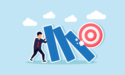 Fototapeta premium A businessman holds back falling blocks struck by a target board, illustration of maintaining business performance to effectively meet business targets