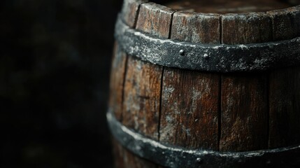 Naklejka premium Vintage Wooden Barrel with Rustic Texture and Aged Metal Bands Reflecting a Timeless Charm Ideal for Authenticity and Craftsmanship Themes in Photography