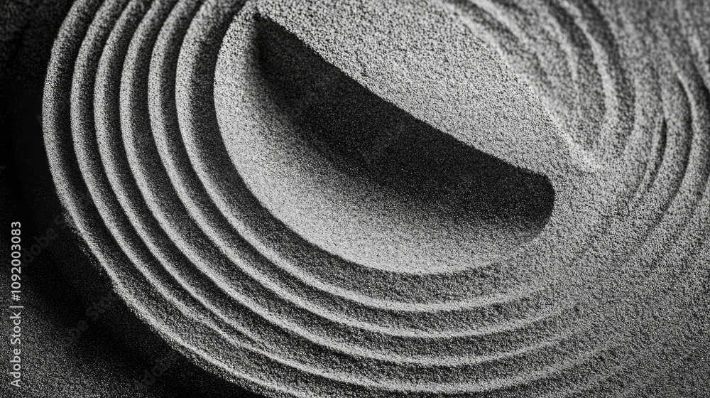 Poster intricate patterns in fine sand with concentric circles and central mound creating a meditative and 