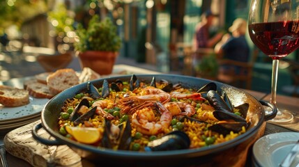 Obraz premium Seafood paella served outdoors with wine.