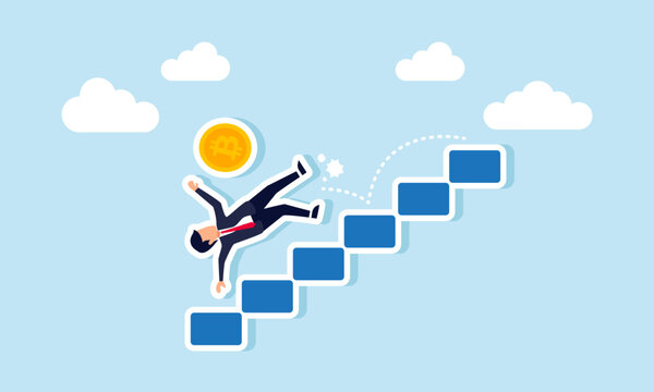 A businessman slips and falls from a ladder along with bitcoin, illustration of a declining bitcoin valuation
