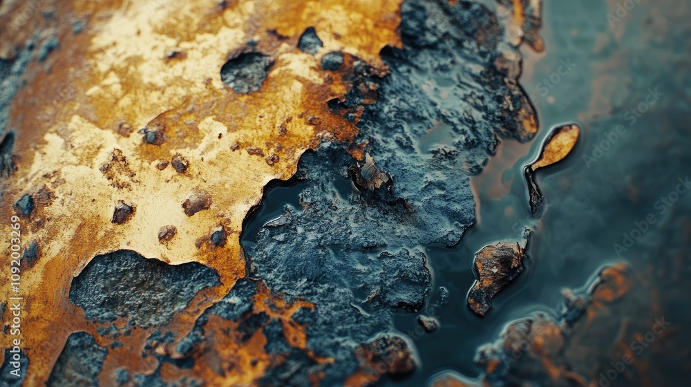 Poster intricate texture of rusty metal surface with patches of dark oil and jagged edges captured in close