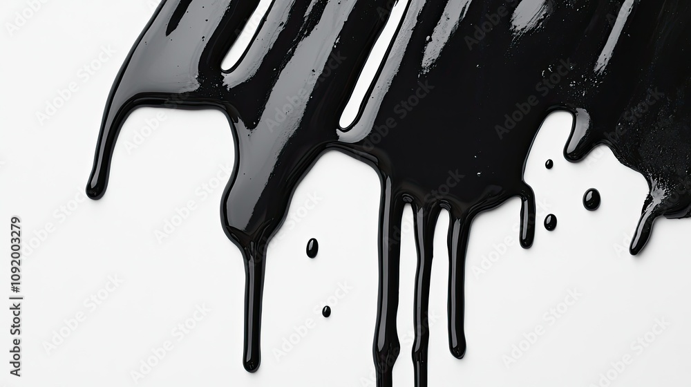 Poster glossy black paint dripping on white surface creating artistic texture and visual contrast for creat
