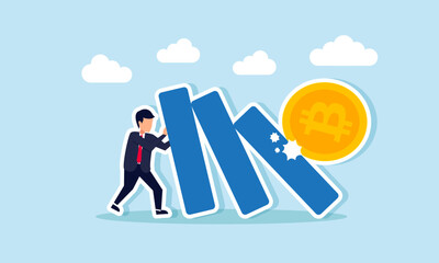 Fototapeta premium A businessman holds back falling blocks struck by a bitcoin, illustration of maintaining asset quantity and bitcoin valuation stability