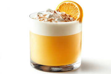 Glass with orange juice and whipped cream. Cream swirls on top, vibrant orange color below. Table setting in soft light, inviting for a refreshing drink.