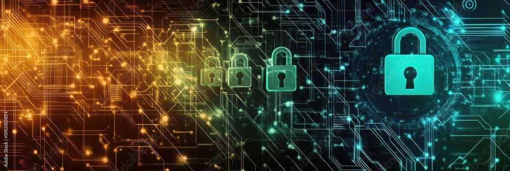 Aufkleber Abstract design combines padlocks and keys against a dark background, highlighting security and technology with glowing circuits and patterns. Generative AI