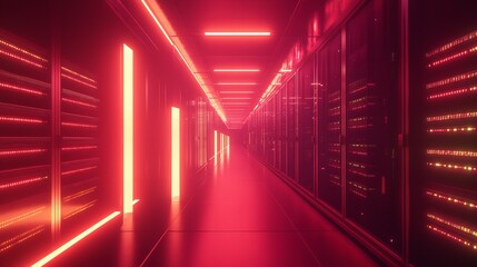 Fototapeta premium Server room interior in datacenter in blue light modern web network and internet telecommunication technology.