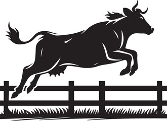 Obraz premium A cow silhouette jumping over a fence full of energy vector