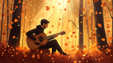 A guitarist serenades the forest with a melody as autumn leaves dance around him. Golden Hour Serenade. Illustration