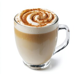 Obraz premium A frothy coconut chai latte with coconut milk swirls and cinnamon dusting, served in a glass mug, isolated white background