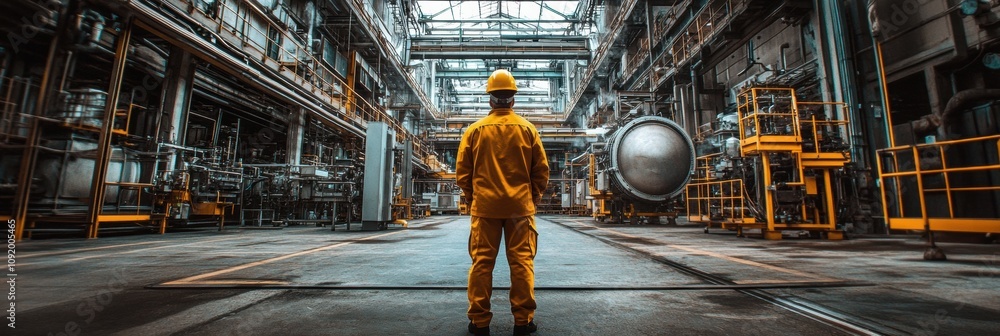 Aufkleber engineer in yellow protective gear stands in an industrial factory, surveying machinery and workflow