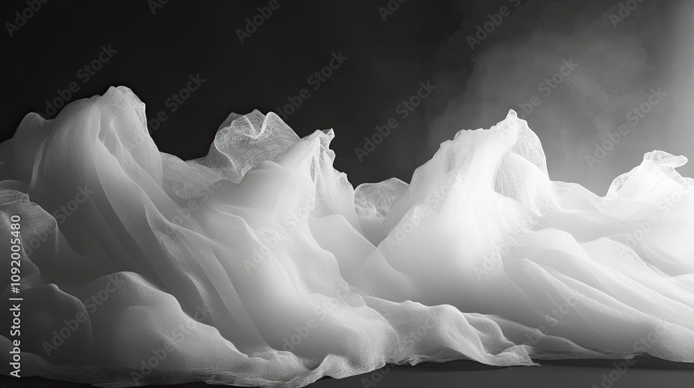 Poster ethereal fabric waves in monochrome: flowing textures and soft layers create an abstract composition