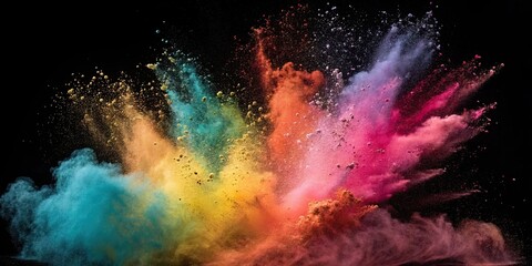 Fototapeta premium Colorful powder explosion on black background, Powder, Explosion, Colorful, Vibrant, Burst, Particles, Abstract, Holi