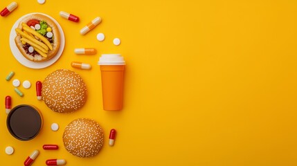 A vibrant arrangement of fast food, pills, and beverages on a bright yellow background.