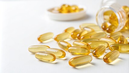 Vitamin oil capsules on a white background , supplements, health, nutrition, herbal, pills, dosage, healthcare, wellness