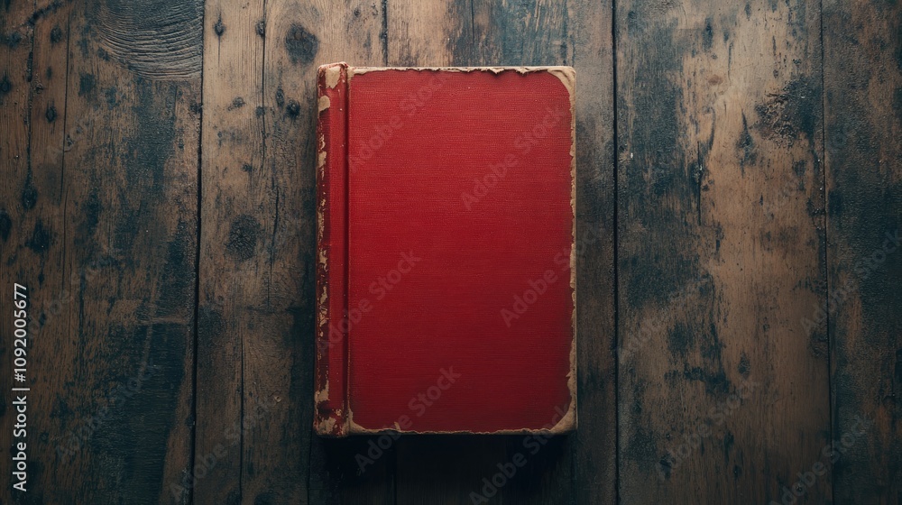 Poster vintage red book on rustic wooden table surface with natural light creating warm and inviting atmosp