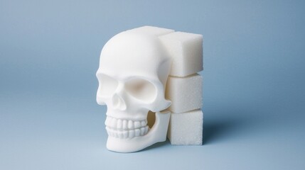 Abstract skull sculpture with geometric white blocks on a pastel blue background.