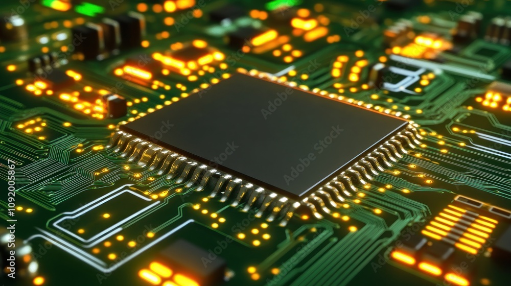Poster close-up of a microchip on a circuit board, high-tech digital technology, illuminated components, mo