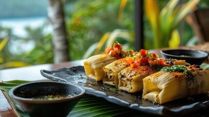 Grilled corn husks filled with savory ingredients, served with salsa and sauces.