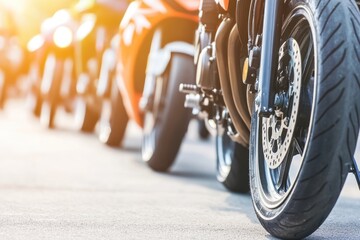 Close-up of motorcycle wheels lined up on a road, capturing a sense of adventure and freedom.