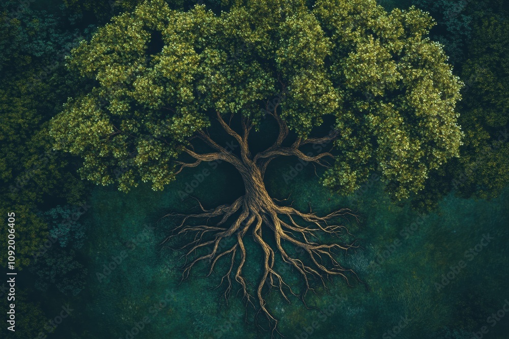 Poster an abstract depiction of a tree of life showcases intertwining branches and roots that represent int