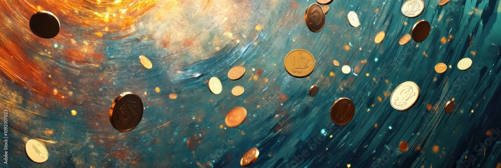 Poster falling coins and price tags create a dynamic swirl, blending elements of finance and abstract art i