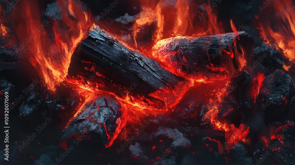 Poster glowing embers amidst charred logs creating a captivating scene of heat and light, evoking the essen
