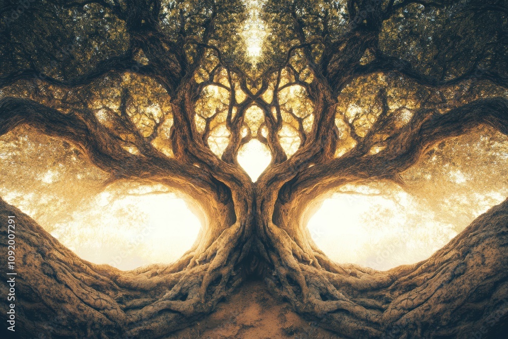 Poster twisting branches and roots create a powerful visual representation of the tree of life, emphasizing