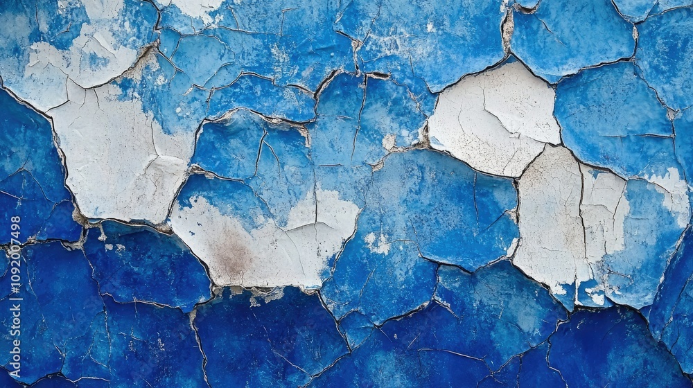 Poster Abstract Close-Up of Peeling Blue Paint on Textured Surface Featuring Cracks and Flakes Creating a Unique Pattern and Visual Contrast for Artistic Applications