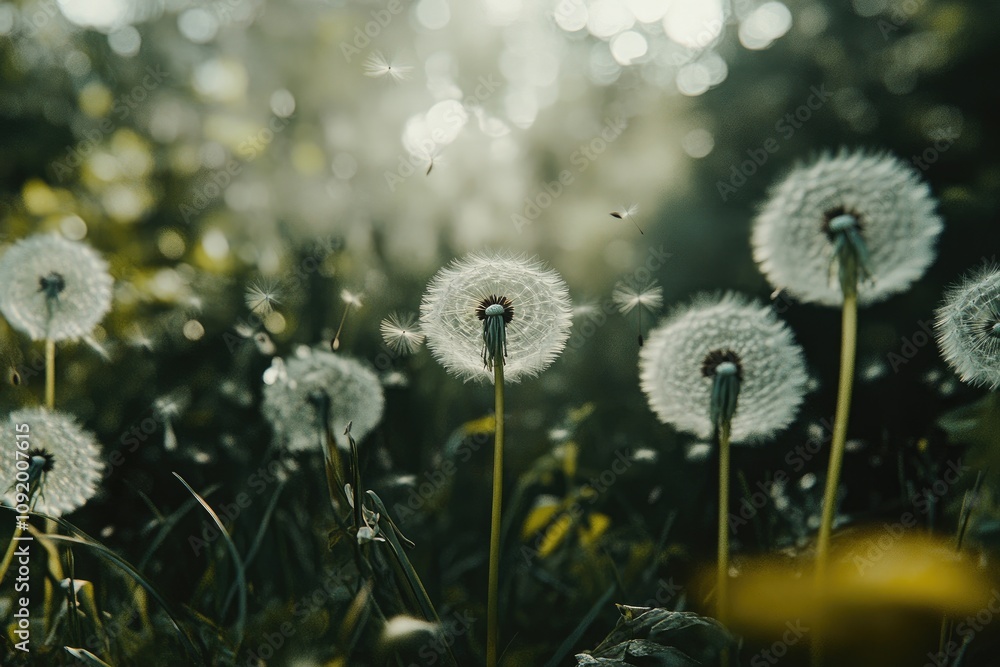 Poster dandelion seeds floating in the wind with green bokeh background