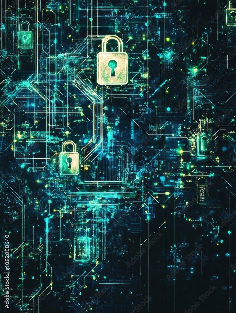 Aufkleber A vibrant digital abstract composition features interconnected padlocks and keys, symbolizing security and encryption in technology. Generative AI