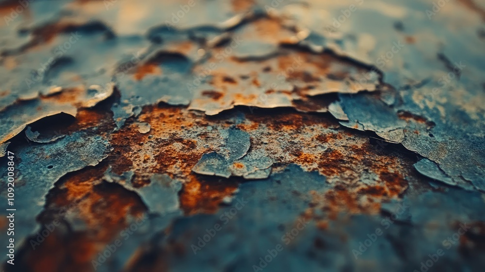 Poster close-up of weathered and peeling paint on a rusty surface, highlighting textures and layers in an a