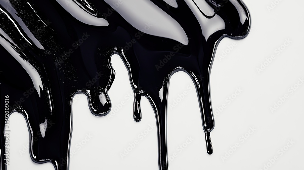 Poster glossy black paint dripping down a smooth white surface creating a dramatic contrast and visual appe