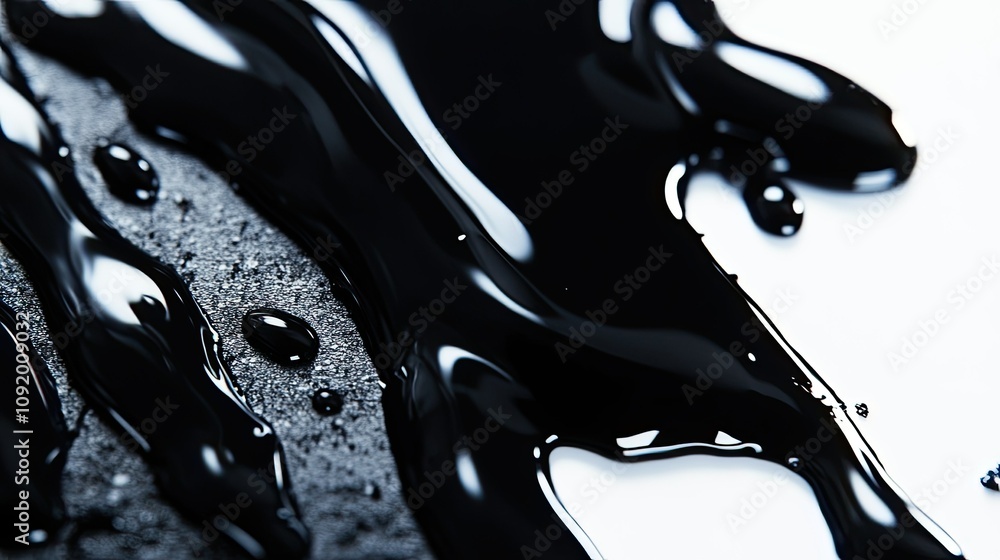 Poster glossy black paint spreading on a textured surface, creating artistic patterns and reflecting light,